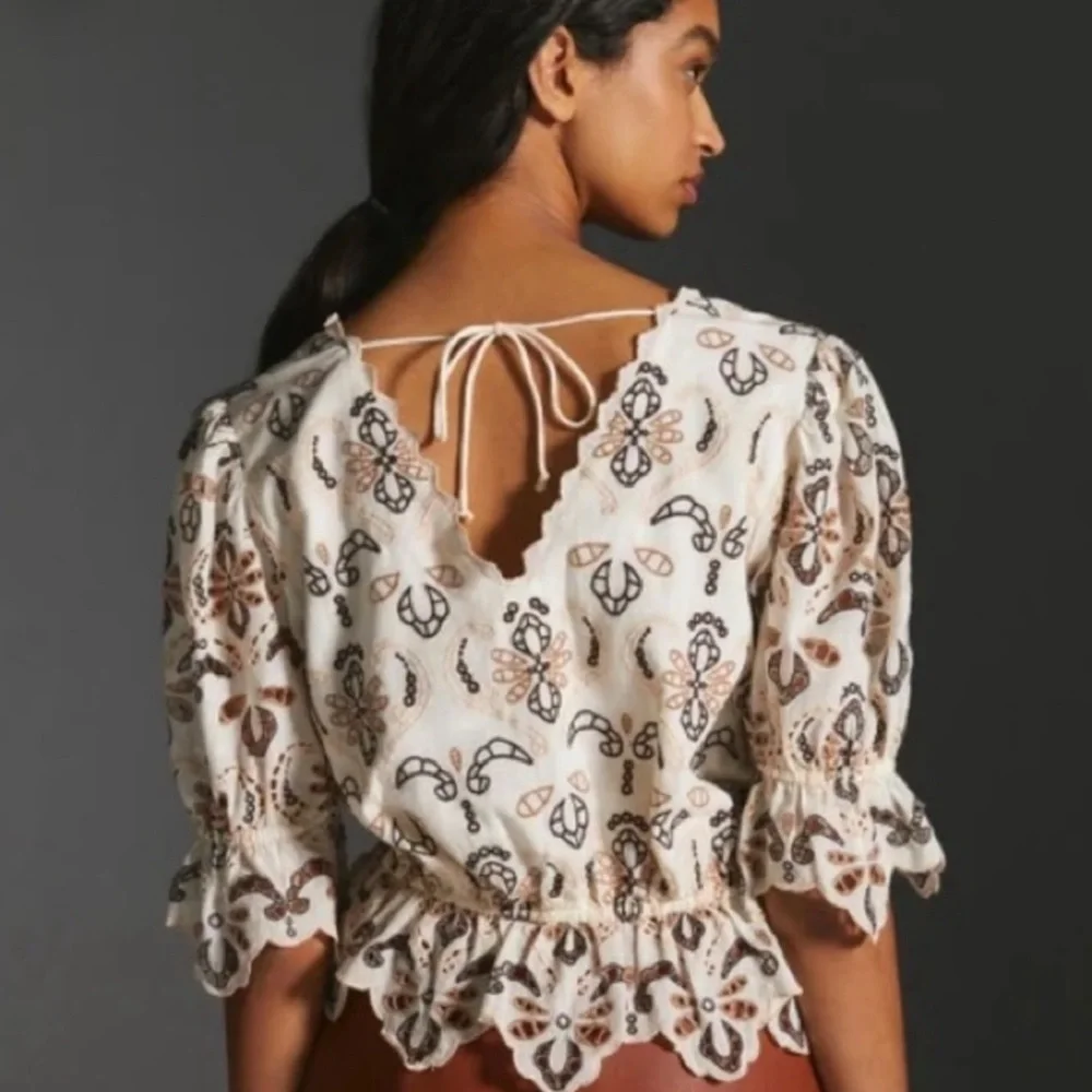 Anthropologie White Eyelet Embroidered Peplum Blouse